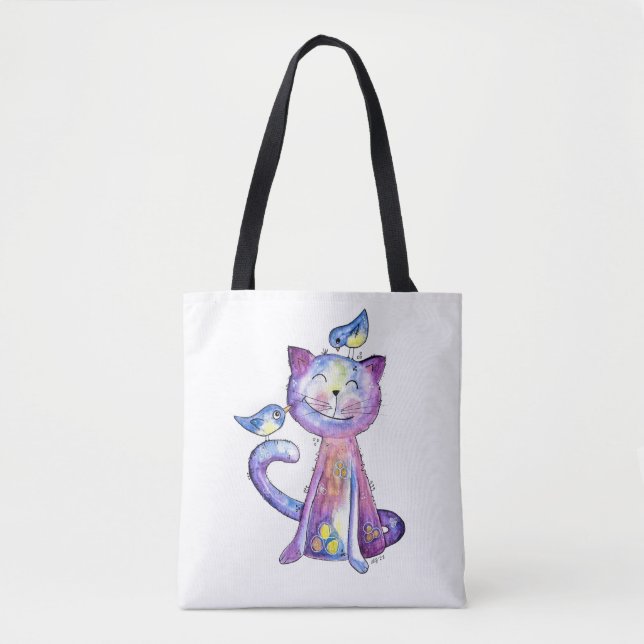 Bolsa Tote Gato Roxo Caprichoso Fofo com Pássaros (Frente)