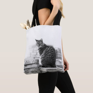 Bolsa Tote Gato Sentado Branco Preto