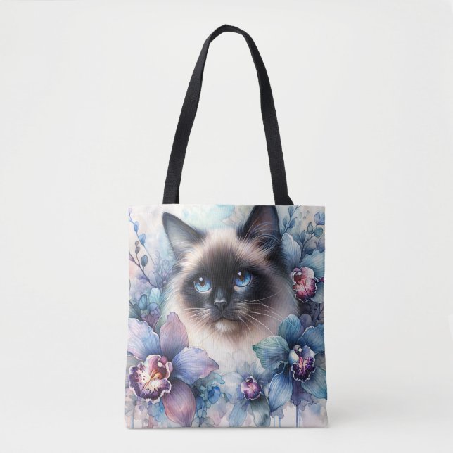 Bolsa Tote Gato Siames e Flores de Orquídea Aquarela (Frente)