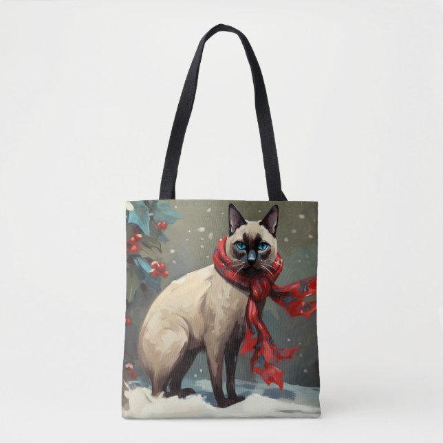 Bolsa Tote Gato Siames no Natal com Neve (Frente)