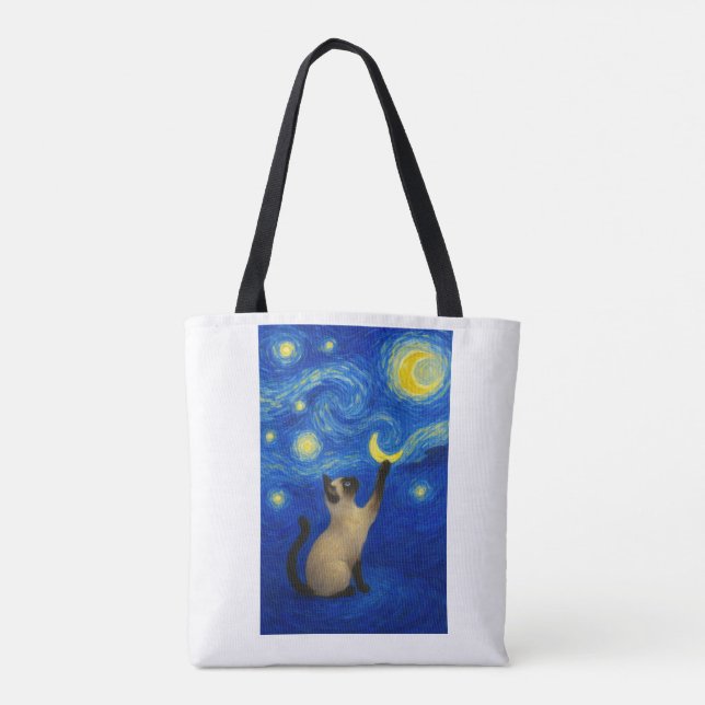 Bolsa Tote Gato Siames Noite Estrelada Lua  (Verso)