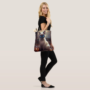 Bolsa Tote Gato Siamesa de Halloween com Abóboras Assustadora