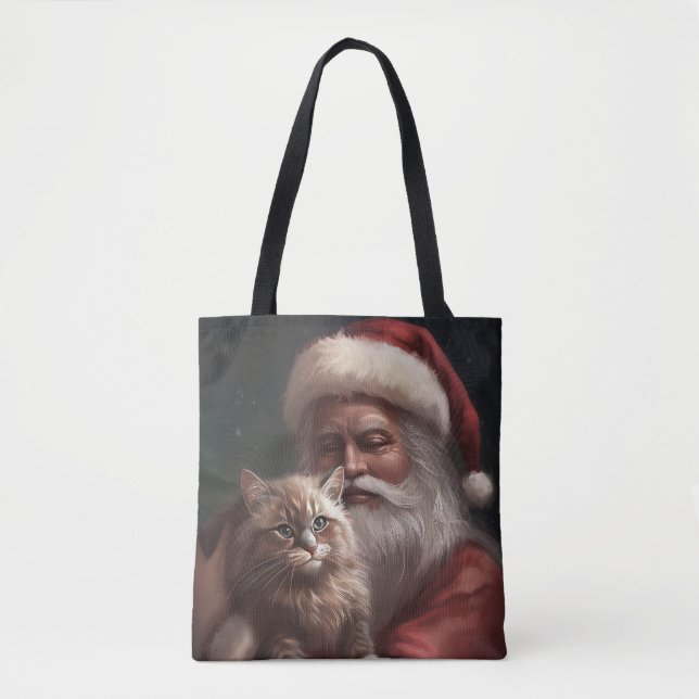 Bolsa Tote Gato Siberiano com Papai Noel Natal Festivo (Frente)