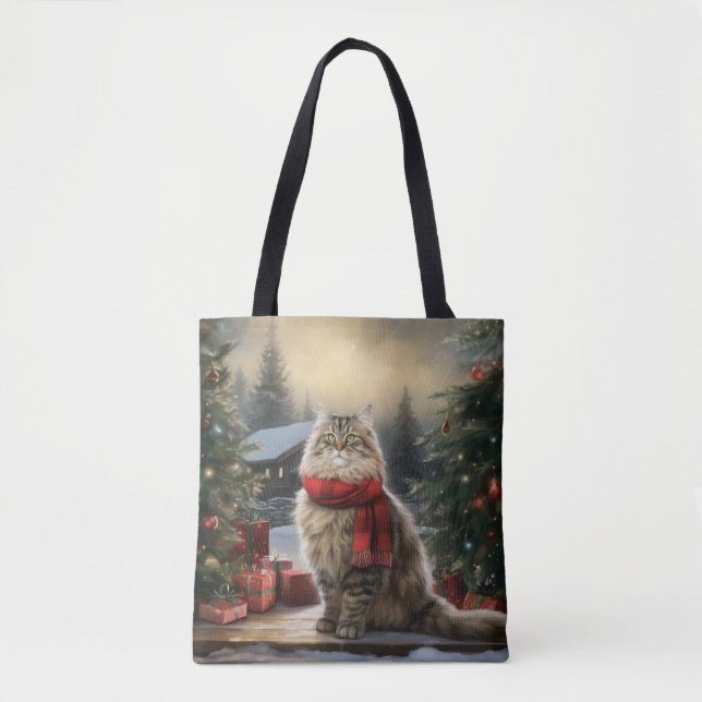 Bolsa Tote Gato Siberiano no Natal da Neve (Frente)