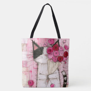 Bolsa Tote Gato Smoking Holding Buquê de Rosa Rosa