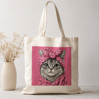 Bolsa Tote Gato Tabby Fofo com Lenço de Pescoço de Bolinhas R