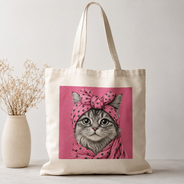 Bolsa Tote Gato Tabby Fofo com Lenço de Pescoço de Bolinhas R (Criador carregado)