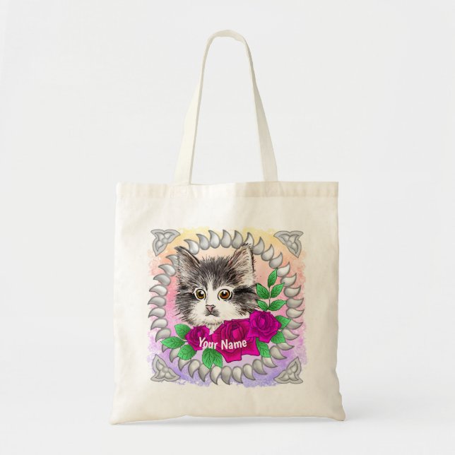 Bolsa Tote Gato Tuxedo com Rosas Pink  (Frente)