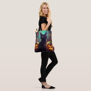 Bolsa Tote Gato Tuxedo de Halloween com Abóboras Assustador