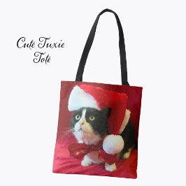 Bolsa Tote Gato Tuxedo de Natal com Chapéu de Papai Noel