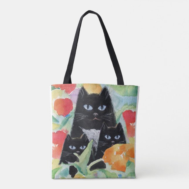 Bolsa Tote Gato Tuxedo e Gatinhos Pretos em Poppies Aquecidos (Verso)