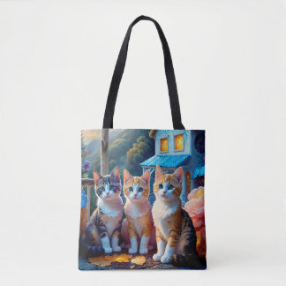 Bolsa Tote Gatos Adoráveis de 2 Lados Desenhados por Artista 