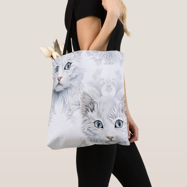 BOLSA TOTE GATOS BRANCOS IMPRESSIONISTAS COM OLHOS AZUIS (Close Up)