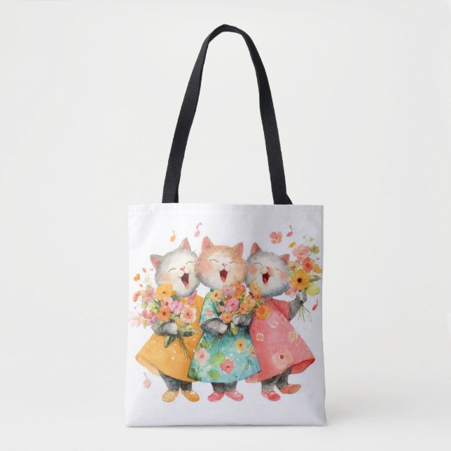 Bolsa Tote Gatos Cantores Segurando Ramalhetes (Frente)