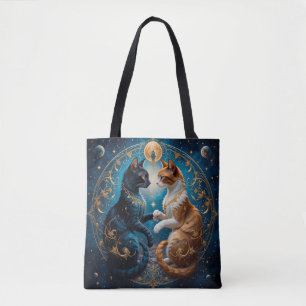 Bolsa Tote Gatos Celestiais em Arte Cósmica com Ouro e Azul