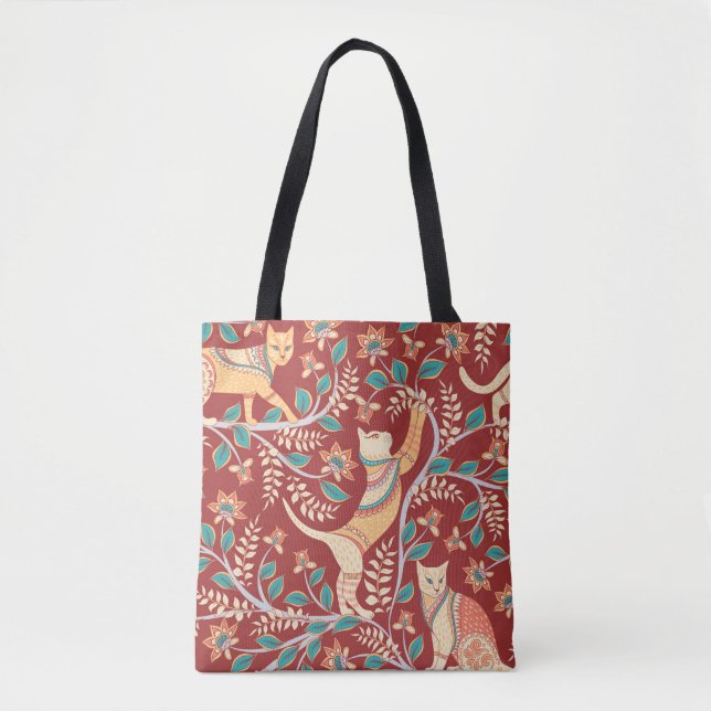 Bolsa Tote Gatos com ornamentos, ramos com flores e folhas (Frente)