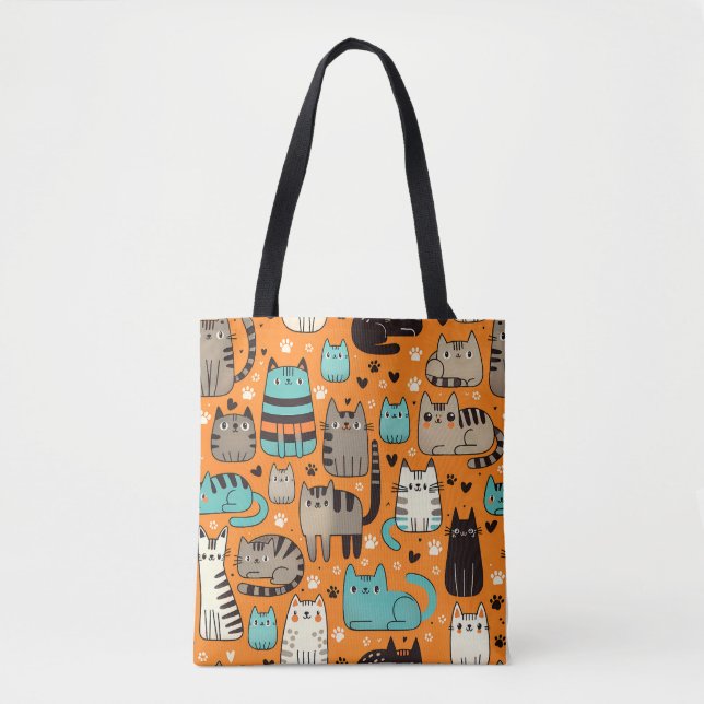 Bolsa Tote Gatos Cortes Com Saco De Toque De Fundo Laranja (Frente)