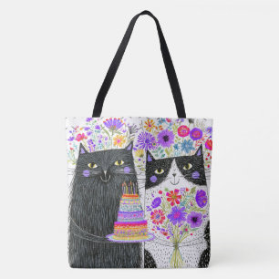Bolsa Tote Gatos de Aniversário Caprichosos Buquê Floral