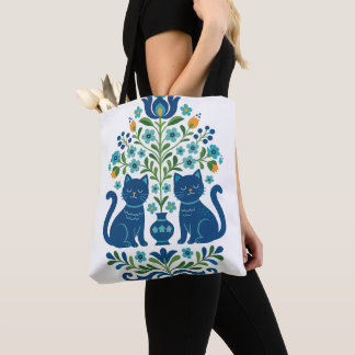 Bolsa Tote Gatos de Arte Popular Azul – Design Caprichoso de 