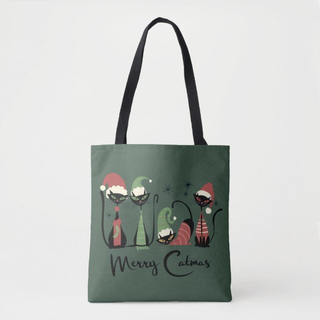 Bolsa Tote Gatos de Natal de Meados do Século Estilo Atômico  (Frente)