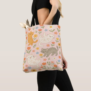 Bolsa Tote Gatos e Flores Brancos - Rosa Adorável