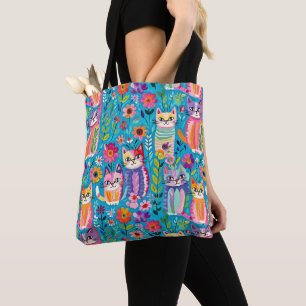 Bolsa Tote Gatos e Flores Coloridos Felizes