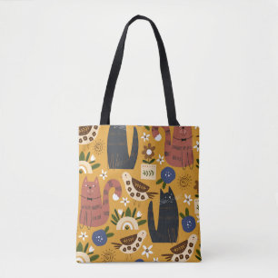 Bolsa Tote Gatos e Pássaros Vintage, Desenhados à Mão.