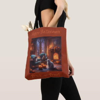 Bolsa Tote Gatos Fofos no Halloween em Casa Doces ou Travessu