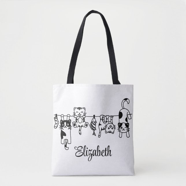 Bolsa Tote Gatos Fofos Pendurados Nome Personalizado (Frente)