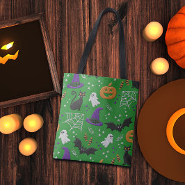 Bolsa Tote Gatos Negros Fantasmas Morcegam Padrão Verde Hallo