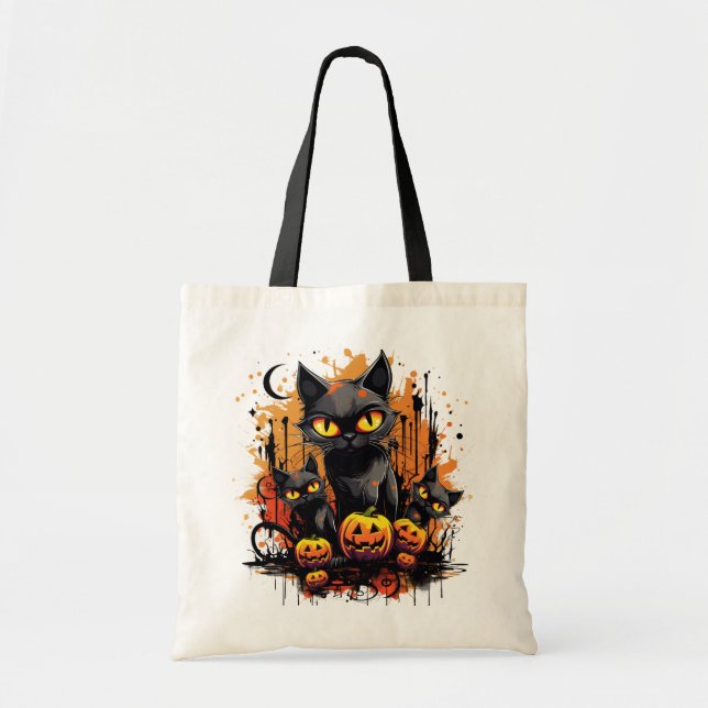 Bolsa Tote Gatos Pretos Assustadores com Abóboras de Hallowee (Frente)