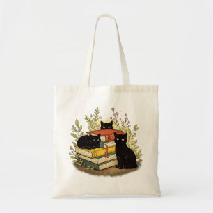 Bolsa Tote Gatos Pretos Caprichosos Pilha de Livros Arte Flor