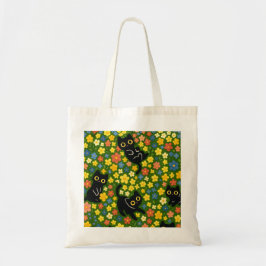 Bolsa Tote Gatos Pretos Fofos Padrão de Prado Floral