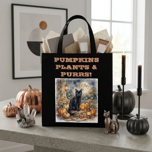 Bolsa Tote Gatos Pretos Vintage Abóboras de Halloween Plantas