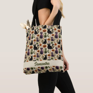 Bolsa Tote Gatos Pretos Whimsso e Abóboras de Halloween