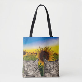 Bolsa Tote Gatos Sonolentos em um Campo de Girassóis