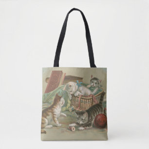 Bolsa Tote Gatos Vitorianos Antigos Brincando na Cesta de Cos