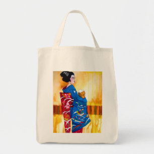 Bolsa Tote Geisha japonesa com quimono azul