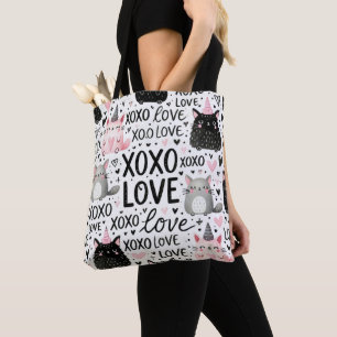 BOLSA TOTE GÊMEOS E BEIJOS DE GATOS DE CINZA PRETA