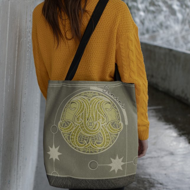 Bolsa Tote Gemini Zodiac - Sinal Amarelo Cinza Branco Mandala (Criador carregado)