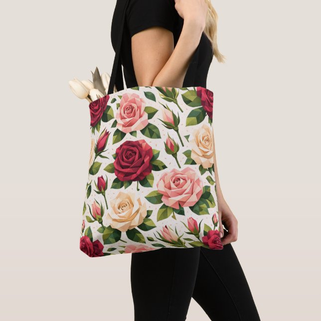 Bolsa Tote Geometric Cute Rose Pattern Pink Red Peach Floral (Close Up)