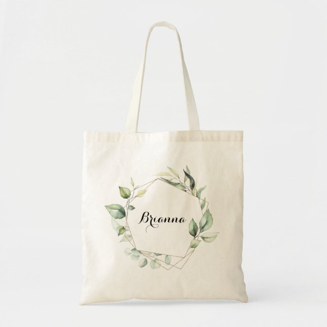 Bolsa Tote Geométrico Elegante Dourado Greenery Bridesmaid (Frente)