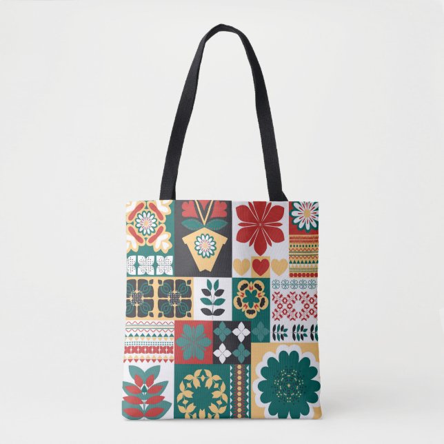 Bolsa Tote Geométrico Mexicano: Ornamento Verde Vermelho. (Frente)