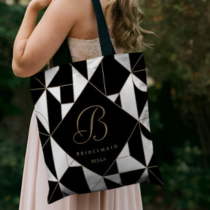 Bolsa Tote Geométrico Negro, Branco e Monograma Dourado