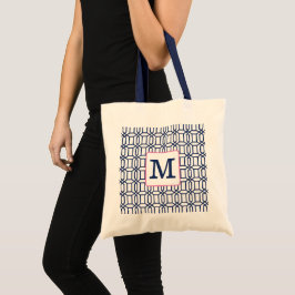 Bolsa Tote Geométrico Préppy Branco Azul Monograma Octógono
