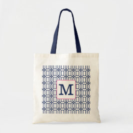Bolsa Tote Geométrico Préppy Branco Azul Monograma Octógono