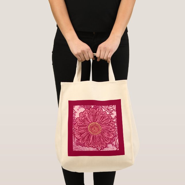 Bolsa Tote Gerbera Daisy Block Impressão, Maroon e Rosa (Frente (produto))