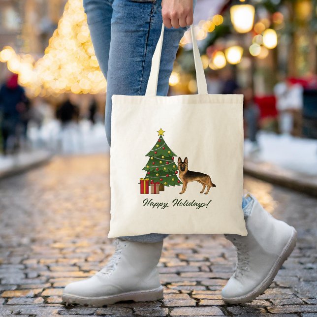 Bolsa Tote German shepherd Preto E Tan E Árvore De Natal (Please note: This image is a digital mockup. The product may not be in scale.)