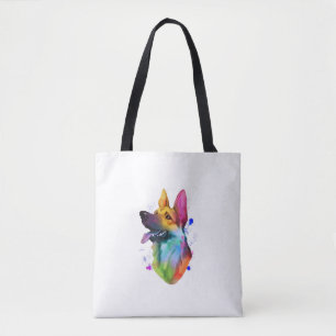 Bolsa Tote German shepherd Rainbow Watercolor Paint Splatter