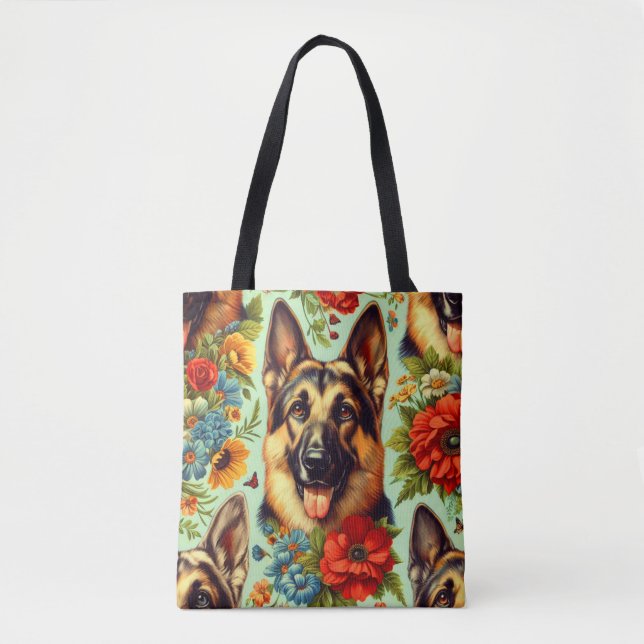 Bolsa Tote German shepherd Vintage Floral (Frente)
